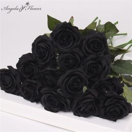 PU real touch artificial black rose tulip gorgeous latex flower stamens wedding fake flower dcor home party memorial 15PCS/LOT 201222