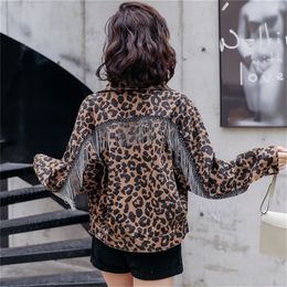 Bat sleeve back fringed denim jacket female spring and autumn Korean version loose bf wind leopard student short jacket LJ200813
