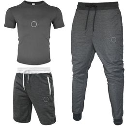 Men Tracksuit T-shirt+Short Pant+Long Pant 3 Piece Sets Solid Colour Outfit Suits High Quality Tracksuits