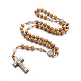 Men Women Catholic Christ Wooden Beads Rosary Necklace Cross Pendant Necklaces Catholic Cross Religious Prayer Handmade Chian