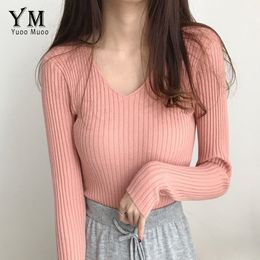 2019 V neck Autumn Sweater Women High Quality Casual Pink Sweater Pullover Winter Tops Women Knitwear Ladies Jumpers T200319
