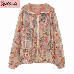 Summer Women's Loose Casual Sequin Embroidery Hooded Coats Lace Straight Long Sleeve High Quality Cardigan Jacket Outerwear 201106