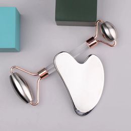 Stainless Steel Face Roller With PMMP Gua Sha Tool Set Gift Box Facial Care Massage Neck Eye Chin Skin Detox Scraper Massager