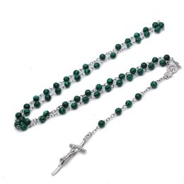 Green Stone Cross Rosary Necklace Women Catholic Jewelry