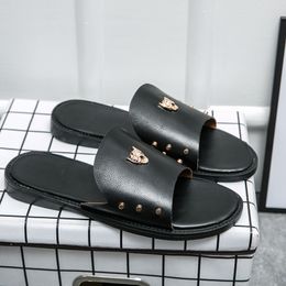 GOOD QUALITY Mens Slippers ACE Designer Slides metal button Vintage Flat Genuine Leather Beach Shoes black Sandals Luxury brand Flip Flop Slide Large size 38-48