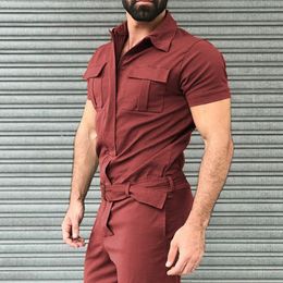 New Cotton Blends Jumpsuit Mens Overalls Casual Notched Short Sleeve Rompers Solid Colour Overall Zipper Romper Pocket Trousers 201109