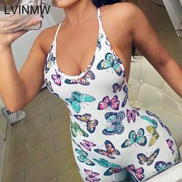 LVINMW Sexy Butterfly Print Backless Cross Bodycon Jumpsuits Fashion Summer Women Spaghetti Straps Slim Sporting Romper T200509