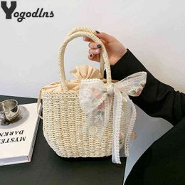 Shopping Bags Vintage Straw Women Hand-Woven Basket Handbag Big Capacity Drawstring Design Rattan Tote Purse Female Travel Beach220307