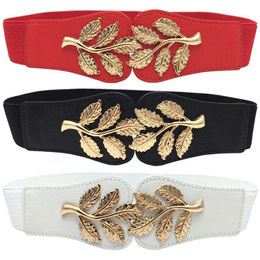 Fashion new ins luxury designer pu fabric beautiful golden leaves elastic belt for woman female girls students 60cm