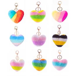 Rainbow Stitching Plush Keychain Pendant Rabbit Fur Heart Shaped Key Chain Car Keyring Creative Gift