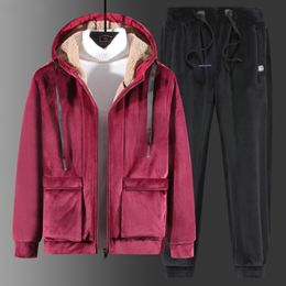 Winter Warm Tracksuits Men Hooded Set Velvet Thick Two Pieces Sets Jacket+Pants New Trend Mens Sportswear Casual Track Suit 201123