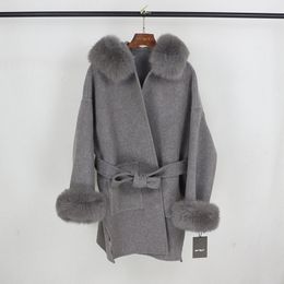 OFTBUY Real Fur Coat Winter Jacket Women Natural Fox Fur Collar Cuffs Hood Cashmere Wool Woolen Oversize Ladies Outerwear 201104