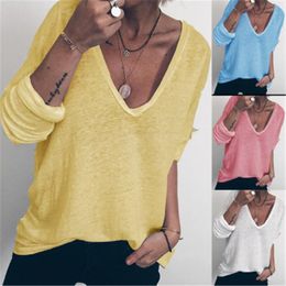 Womens Solid Colour V-neck T-shirts Fashion Trend Casual Loose Long Sleeves Tees Tops Designer Summer New Female Thin Section Tshirt