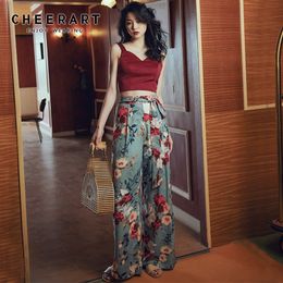 Cheerart Wide Leg Chiffon Beach Pants Floral Print Trousers Vintage Long Tie Up Pants Loose Holiday Trousers Summer Clothing 201012