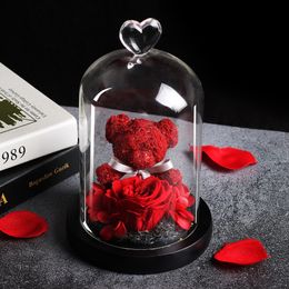 Eternal Preserved Fresh Rose Lovely Teddy Bear Moulding Led Light In A Flask Immortal Rose Valentine's Day Mother's Day Gifts