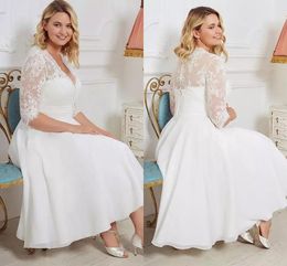 2021 Plus Size Dresses Deep V Neck With 1/2 Half Sleeves Lace Applique Covered Buttons Chiffon Beach Wedding Gown Vestido De Novia 403 403