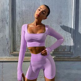 Summer Seamless Sport Set Women 2 PCS Crop Top Long Shirts and Shorts Sportsuit Workout Outfit Active Fitness Wear Yoga Gym Sets Y1225