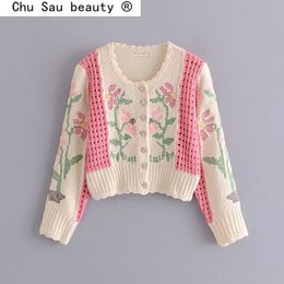 New Fashion Autumn Casual Chic Floral Embroidery Knitted Cardigans Women Knit Jacket Hollow Out Single-breasted Sweaters 210218
