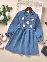 Toddler Girls Appliques Shirred Frill Neck Flounce Sleeve Corduroy Dress SHE