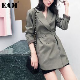 [EAM] Women Green Button Split Leisure Blazer New Lapel Long Sleeve Loose Fit Jacket Fashion Tide Spring Autumn 1W5160 201114