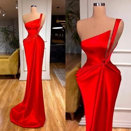 one shoulder red mermaid evening dresses new ruched sleeveless satin prom gowns vestido de novia