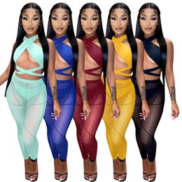 Summer Clothes Women tracksuits Tank Top+bottom+pants 3 Pieces Set Sexy Hollow Out Matching Set Mesh outfits Sheer Suits Wholesale 6937