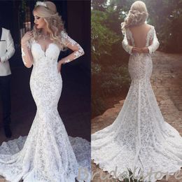 Full Lace Mermaid Wedding Dress Rustic Boho Style Long Sleeve Backless Beach Wedding Dresses 2022 V Neck Country Party Bridal Gowns Women Elegant Robes De Mariage