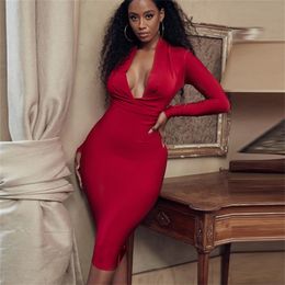 Deer Lady Women Bandage Dress New Arrivals Red Bandage Dress Bodycon V Neck Bandage Dress Long Sleeve Sexy Party Club LJ200818
