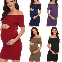 New Summer Maternity Dress Solid Colour One-shoulder Short-sleeved Strapless Sleeveless Solid Colour Backless Dress G220309