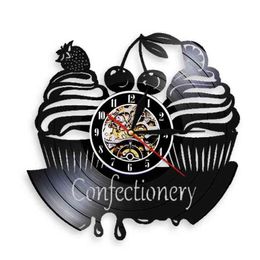 Confectionery Sweets Shop Vinyl Record Wall Clock For Bakery Kitchen Dinning Room Desserts Cupcake Designed Silent Mute Clock H1230