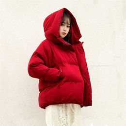 Women Short Loose Parkas Warm Winter Jacket Coat Red Cotton-padded Hooded Outerwear Autumn Thicken Clothing Orwindny 201217