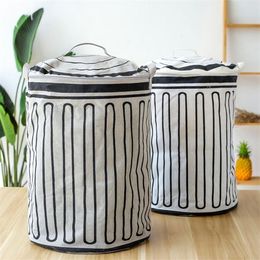 New stripe With zipper Covered Waterproof Laundry Hamper Home decoration Folding clothes Storage barrel kid toy organizer basket C0125