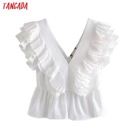 Tangada women sexy ruffle white summer shirts v neck short sleeve solid sexy female backless party blouses LJ200810