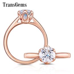 Transgems 14K Rose Gold Flower Shape Centre 1ct 6.5mm F Colour Solitaire Moissanite Engagement Ring for Women Fashion Jewellery Y200620