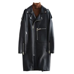 Nerazzurri Oversized black long spring womens leather jacket long sleeve drop shoulder zipper Plus size loose faux leather coat LJ200825
