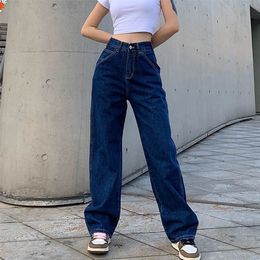 Retro Blue Woman Jeans Causal Loose Baggy High Waist Skinny Pockets Cargo Pants Zipper Button Wide Leg Jeans Mujer Pantalones 210203