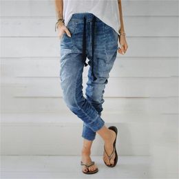 Women Autumn Elastic Plus Loose soft and comfortable Denim Casual Drawstring Plus Cropped Jeans spodnie damskie women jeans ED 201223