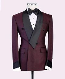 Fashion Burgundy Mens Wedding Tuxedos Double-Breasted Groom Groomsmen Tuxedos Man Blazers Jablue cket Excellent 2 Piece Suit(Jacket+Pants+Tie) 1814