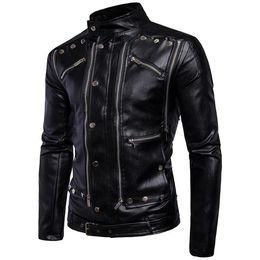 Men's Fur & Faux Leather Jacket With Many Zippers Coat Mens Biker Motorcycle
