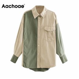 Aachoae Autumn Women Shirt Jakcet Coat Boyfriend Patchwork Jacket Loose Long Sleeve Cotton Coat Ladies Streetwear Tops T200831