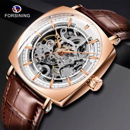 Wristwatch Brown Genuine Leather Fashion Luxury Gold Clock Transparent Skeleton Men Automatic Mechanical Watches