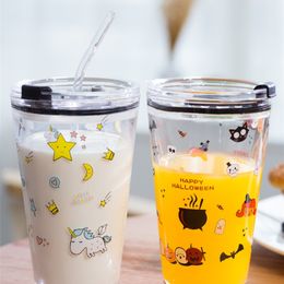 450ml Graduated glass cups printed unicorn Cute cartoon juice milk water bottle Heat-resistant glass straw type drinkware Gifts 201221