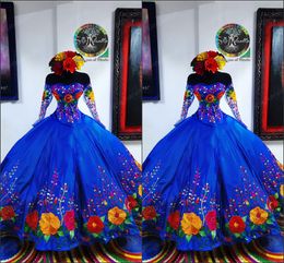 2022 Vintage Royal Blue Mexican Sweet 16 Dresses Charro Flower Embroidered Satin Off The Shoulder Quinceanera Dress Illusion Long Sleeve