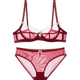 Floral intimates bra set sexy lace bras panties thin transparent women underwear temptation gauze sponge young girl bra set LJ201031