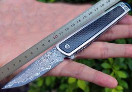 1Pcs New Damascus Flipper Folding Blade Knife VG10 Damascus Steel Drop Point Blade Carbon Fiber + Steel Sheet Handle Knives