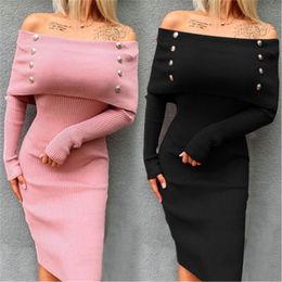 Womens Knitting Sweater Sexy Dress Fashion Trend Strapless Hip Slash Neck Short Skirt Designer Female Spring New Slim Casual Cloak Dress