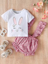 Baby Rabbit Print Tee & Polka Dot Ruffle Trim Pinafore Shorts SHE