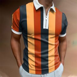 Summer Fashion Striped Patchwork Short Sleeve Tops For Men Slim Polo Shirt Casual Men's Turn-down Collar Zip-up Polo Shirts 220312