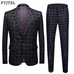 PYJTRL Brand New Tide Male Plaid Gold Floral Pattern Slim Fit Mens Suits With Pants Wedding Groom Tuxedo Singer Costume 201105