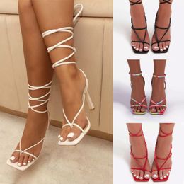 2021 Summer Women's Sandals Ankle Cross Strap Female High Heels Square Toe Ladies Design Woman Pumps Party Dress Shoes Y1214